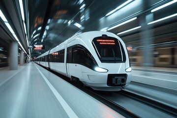Modern high-speed train moving through an illuminated underground subway station