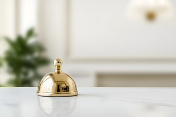 shiny hotel service bell sits elegantly on marble countertop, symbolizing hospitality and service in luxurious setting. blurred background adds touch of sophistication
