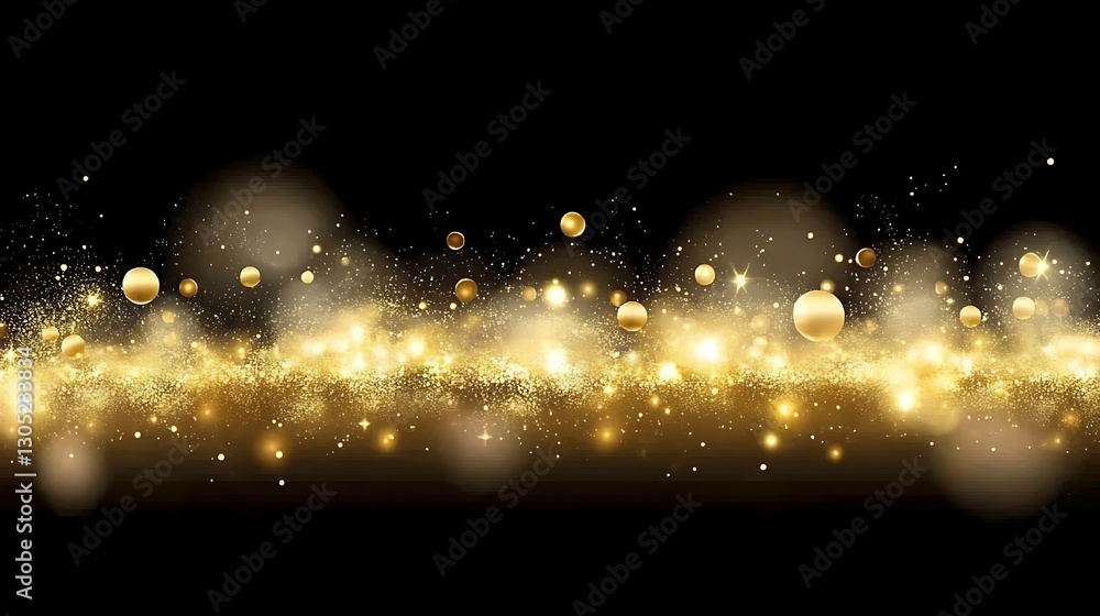 Poster golden dust explosion with orbs on a dark background creating depth