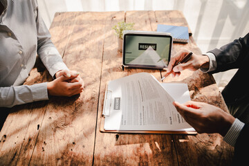 Portrait of a person interviewing for a job and.Submit resume to staff job application concept
