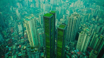 vertical farm in an urban rooftop space, with fresh greens growing in vertical towers surrounded by cityscape. urban rooftop, vertical farm, fresh greens, cityscape, vertical towers, sustainable 