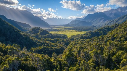 Fototapeta premium Sunlit valley nestled in a lush green forest, surrounded by majestic mountains under a vibrant blue sky. A breathtaking natural landscape.