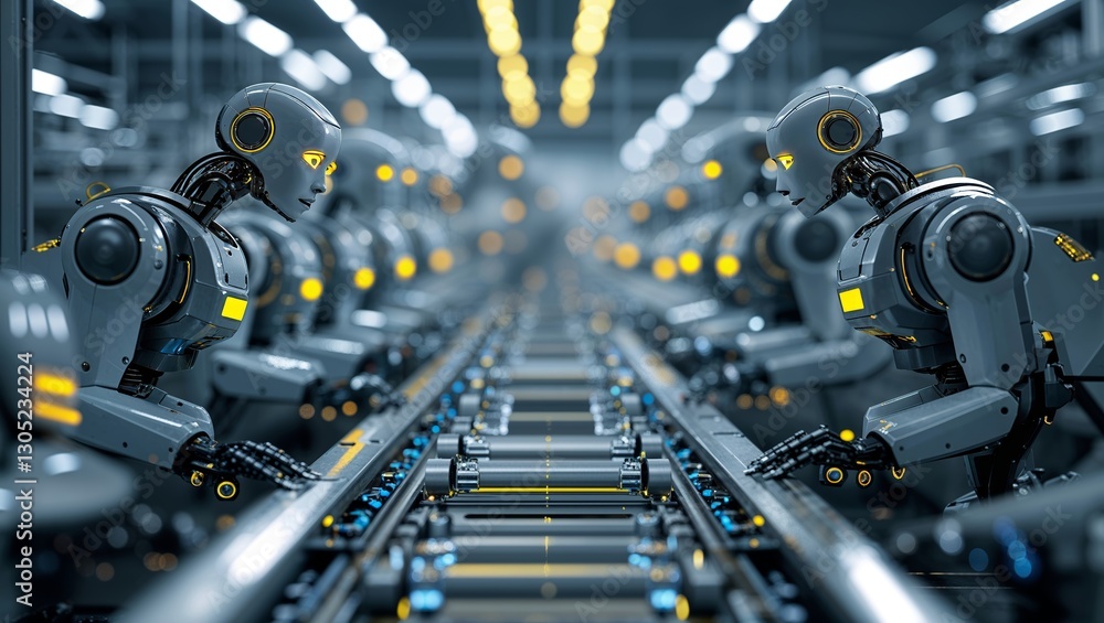 Aufkleber robots working on an assembly line in a modern manufacturing facility during daytime operations