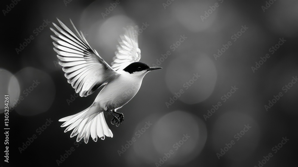 Poster elegant black and white image of a bird in flight with spreading wings captured against a soft blurr