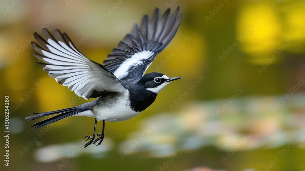 Poster stunning image of a black and white bird in flight over a colorful background with soft focus and be