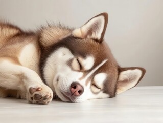 Sleeping brown and white Siberian husky with peaceful expression