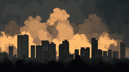 Fototapeta premium Dramatic noir city skyline wallpaper with ink shadows and halftone effects in sepia