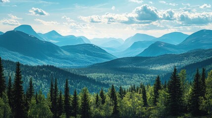 Fototapeta premium Majestic mountain range under a partly cloudy sky. Lush green forest in the foreground adds depth to the tranquil scene. Breathtaking panoramic view of nature's serene beauty.