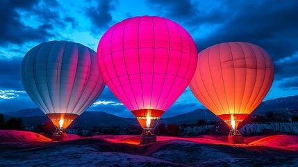 Obraz premium Illuminated hot air balloons soaring over unique landscape at dusk