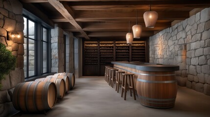 Rustic wine cellar with stone walls, wooden barrels, and bar counter with pendant lighting. Traditional winery and wine tasting experience.