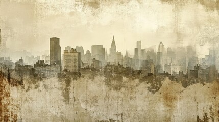 Wallpaper with a panoramic city skyline misprinted ink lines and ghosting effects