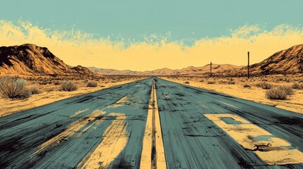 A nostalgic desert highway wallpaper with worn markings and halftone texture in the sky
