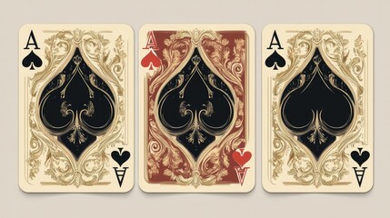 Fototapeta premium Aesthetic Display of Three Ace of Spades Playing Cards with Decorative Designs and Intricate Details for Classic Card Game Enthusiasts and Collectors