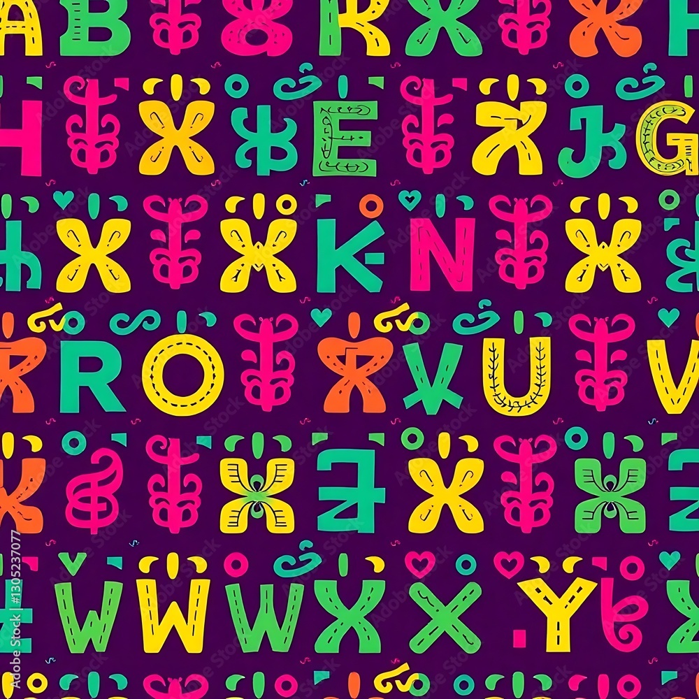 Aufkleber alphabet's tapestry: an illustrated, repeating pattern features an array of vibrantly colored alphab