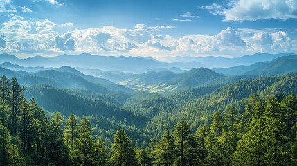 Fototapeta premium Majestic mountain range with lush green forests under a partly cloudy sky. A breathtaking panoramic view of nature's beauty.