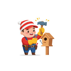 Cartoon Boy Building a Birdhouse with Hammer and Nail Process