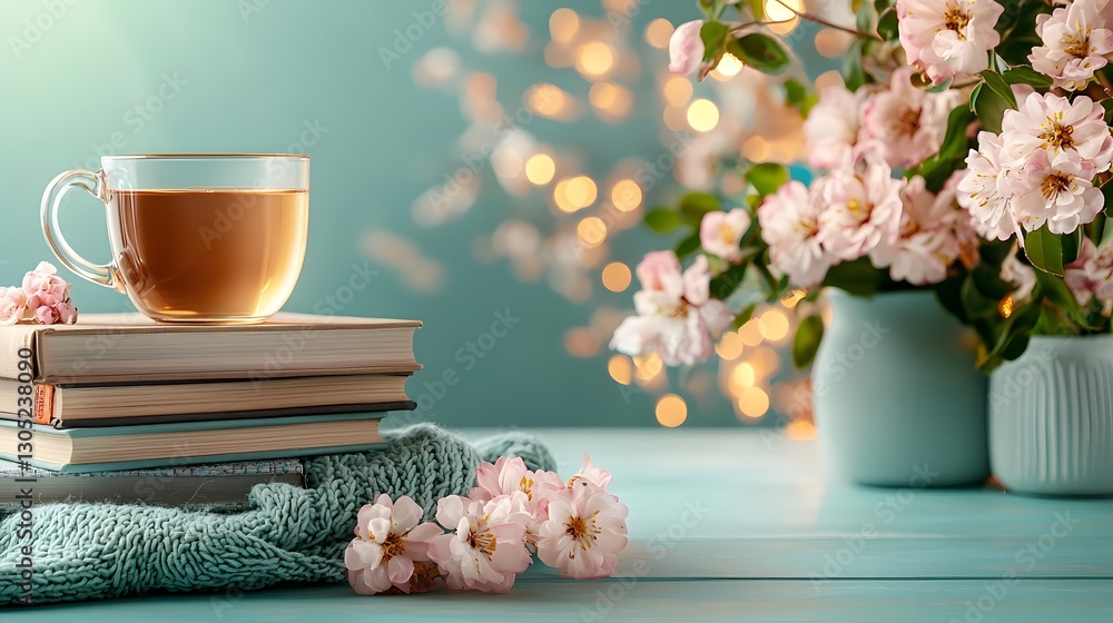 Poster cozy and tranquil reading nook with a stack of books a warm cup of tea and softly diffused ambient l