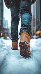Walking through a snowy street in the city during winter with boots creating tracks in fresh snow