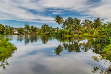 Tropical jungle of Koh Kho Khao reflected in the pond, Thailand