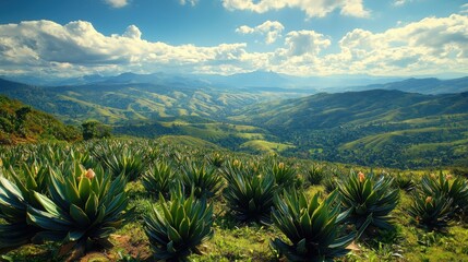 A breathtaking panoramic view of rolling green hills and mountains under a vibrant blue sky. Lush agave plants fill the foreground, adding to the vibrant scenery.