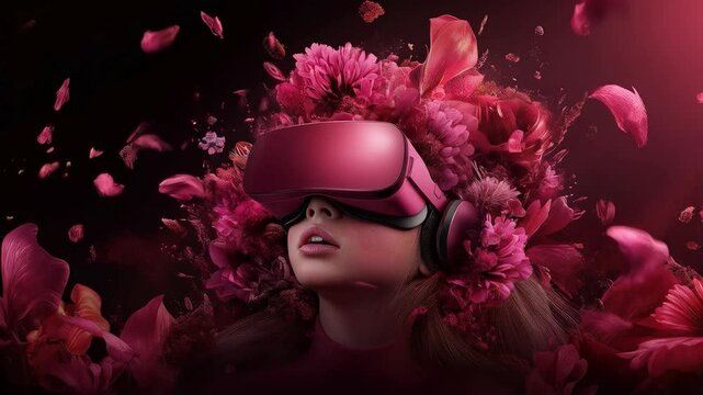 expression of A lone kid wearing VR. surround by colorful plant, flower floral blight light , surrealistic metaverse environment. 4k video footage