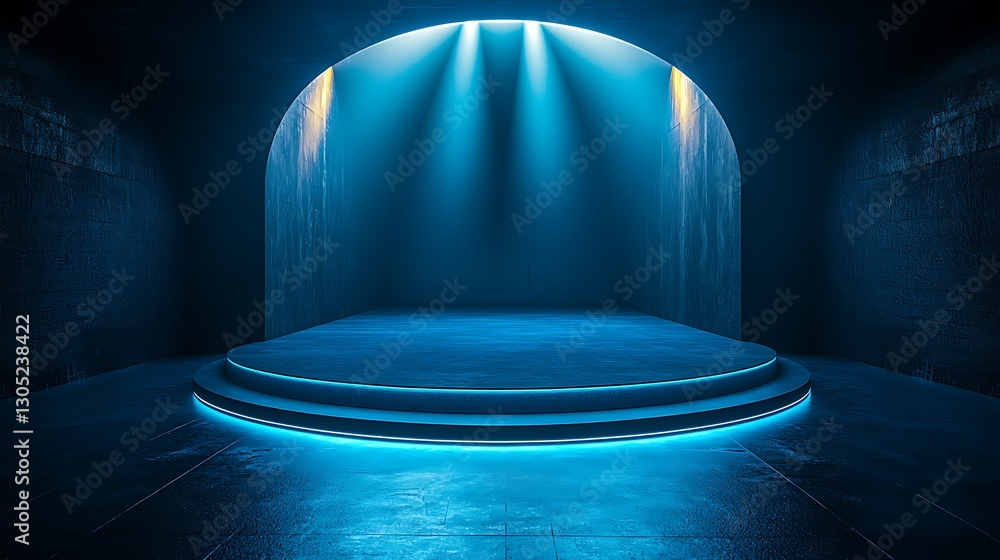 Poster Illuminated stage with tiered platform and archway in a concrete architectural space