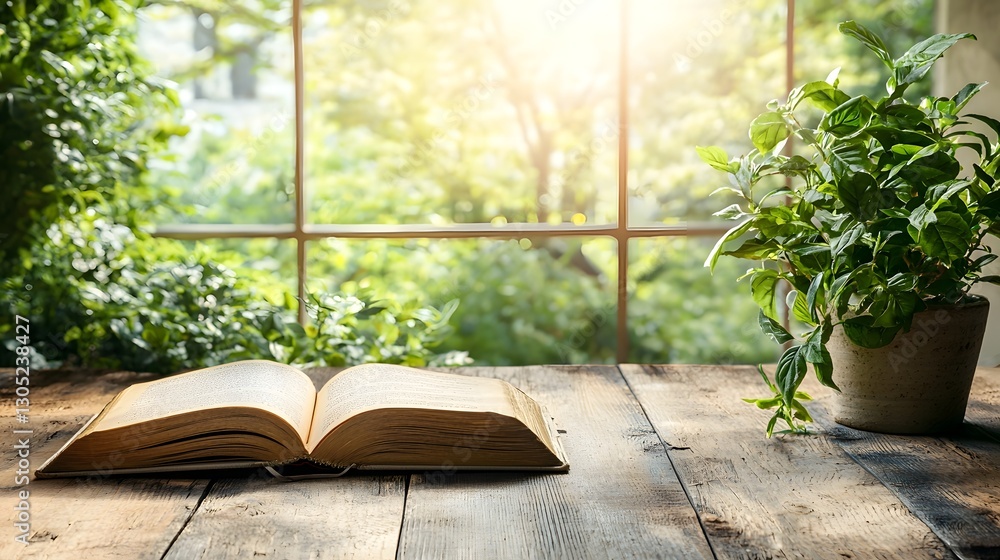 Poster peaceful and inspiring scene of an open book resting on a wooden table near a large window with natu