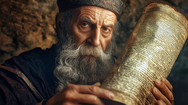 Portrait of ancient rabbi sage with Torah scroll, exuding wisdom and history against warm cinematic backdrop