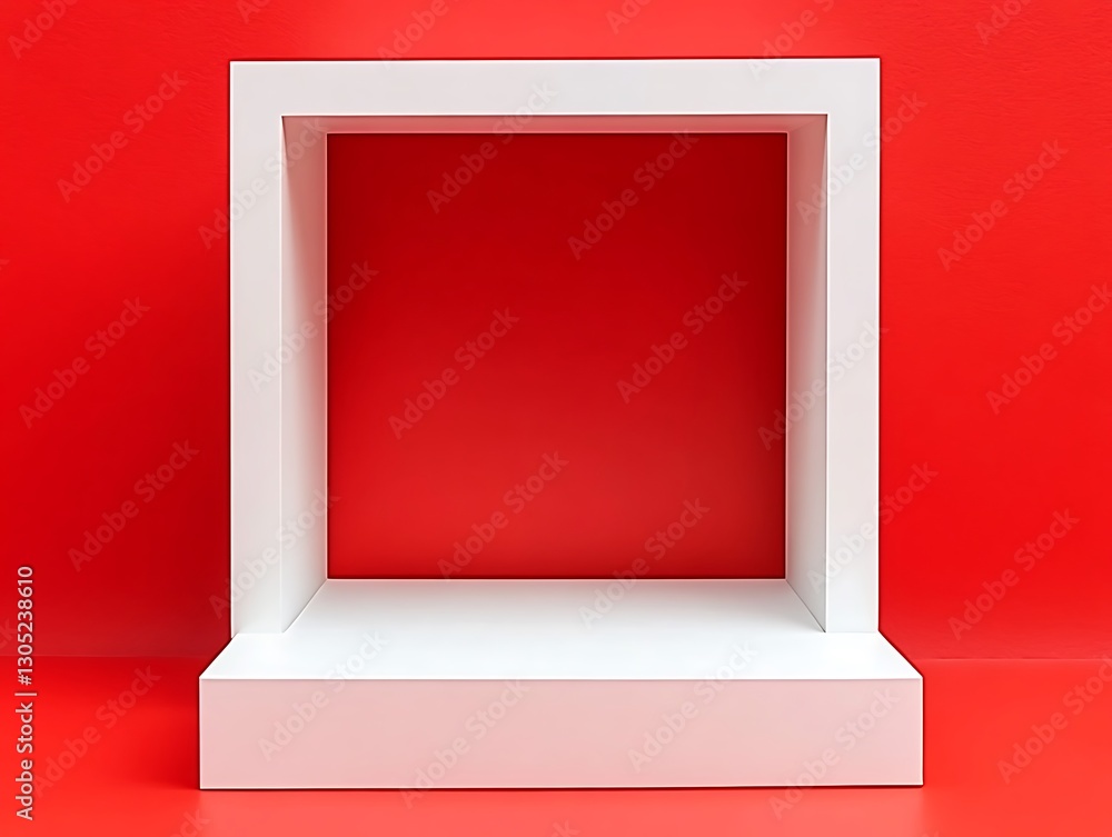 Poster white geometric frame against red background, abstract and simple layout