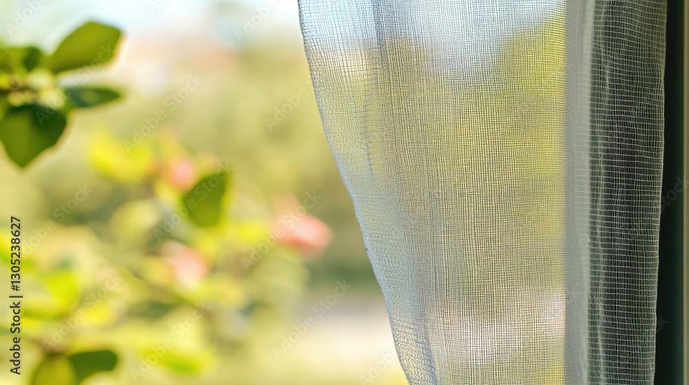 Poster soft light filtering through sheer curtain with green nature background creating a calm and serene a