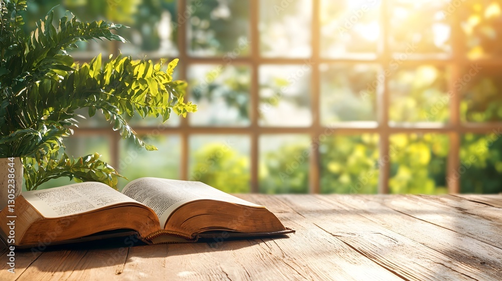 Poster serene natural lighting cascading through a large window illuminating an open book resting on a clea