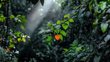 Lush Green Foliage With Orange Leaf And Sunlight