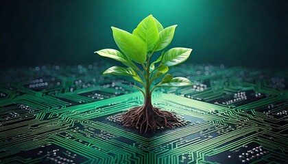 Generated image : plante qui pousse sur un circuit imprimé, concept du numérique responsable