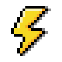 Obraz premium Pixelated yellow lightning bolt icon, lightning bolt, pixel art, shadow.
