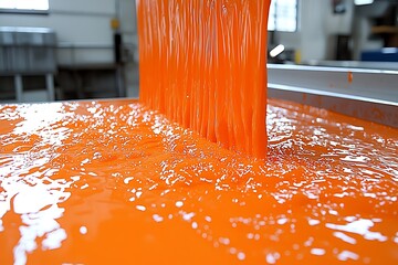 Orange liquid pouring factory floor
