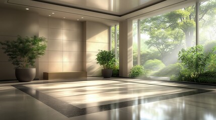 Modern interior with large open windows, sunlight streaming in, and indoor greenery. Harmonious blend of architecture and nature.