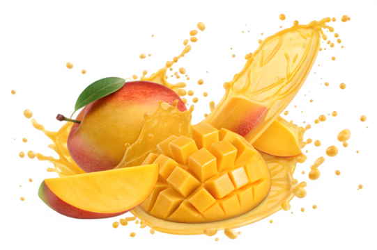 delicious ripe mango splashing in mid air isolated on white background