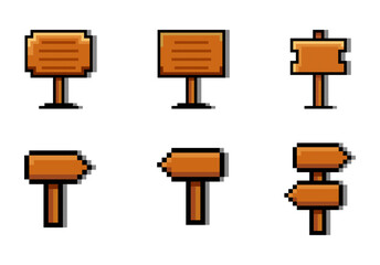 Pixelated wooden signpost set, Pixel art wooden sign icons set, arrows, and boards, Wood direction signs, set of wooden pixel signs, 8 bit, wooden board, game development, shadow.