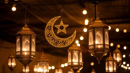 Obraz premium Golden Star and Crescent with Ramadan Lanterns, Festive Ramadan Decoration with Glowing Lanterns, Ornate Islamic Symbol and Ramadan Lights