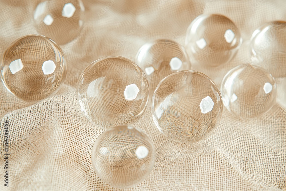 Poster transparent glass spheres resting on beige fabric creating abstract pattern
