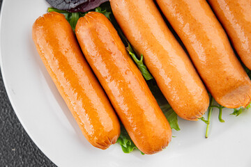 Sausages meat tasty fresh delicious gourmet food background table rustic food top view copy space