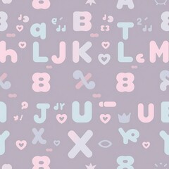 Alphabetical Harmony: A seamless pattern composed of playful, pastel-colored alphabet letters, subtly adorned with charming symbols and shapes, crafting a whimsical and engaging design.