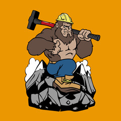 Bigfoot Construction Worker Demolition Cartoon - Vector Illustration