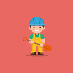 Cartoon Worker Holding Shovel in Yellow Overalls and Blue Hardhat