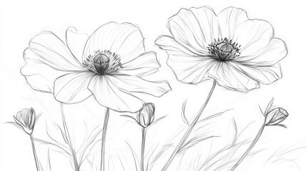 Pencil Sketch: Delicate Cosmos Blossoms in Bloom. (1)