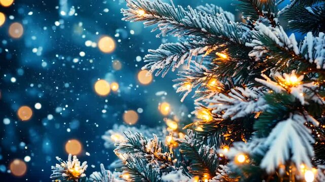 A close-up of snow-covered evergreen branches adorned with glowing fairy lights, set against a softly blurred winter background with falling snow and festive bokeh. The image evokes the warmth 