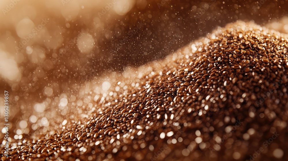 Poster close-up view of glimmering brown seeds with soft light reflecting through the air, creating an atmo