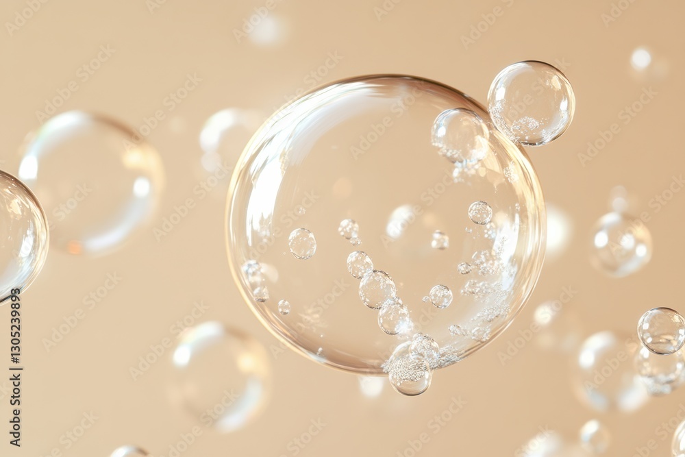 Poster transparent bubbles floating on a beige background: a macro photography composition