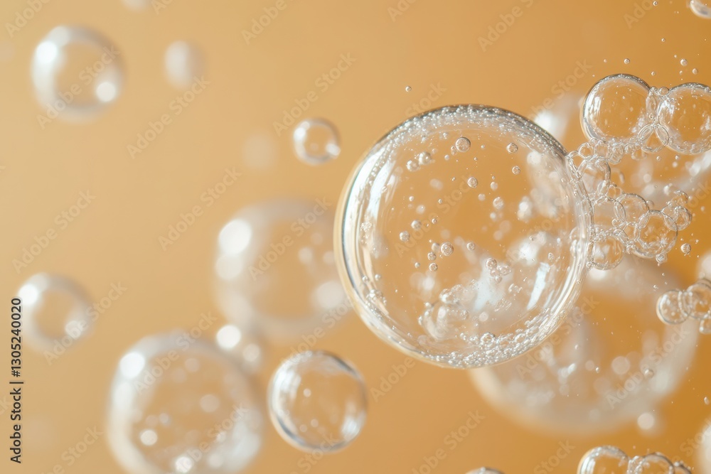 Poster transparent bubbles floating on a beige background: a macro photography perspective