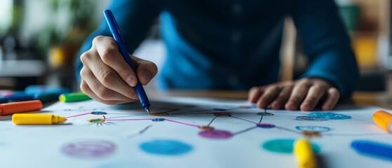 Creative hands sketching vibrant diagrams on a worksheet, illustrating concepts and connections with vivid colors.